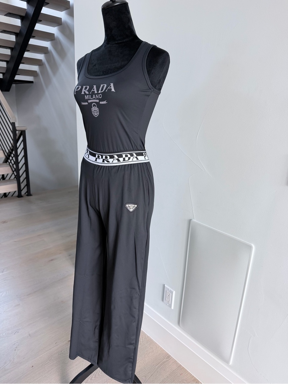 Prada Black Logo Tank Top with Wide Leg Pants Set with pockets Lounge Set size M - Picture 6 of 8